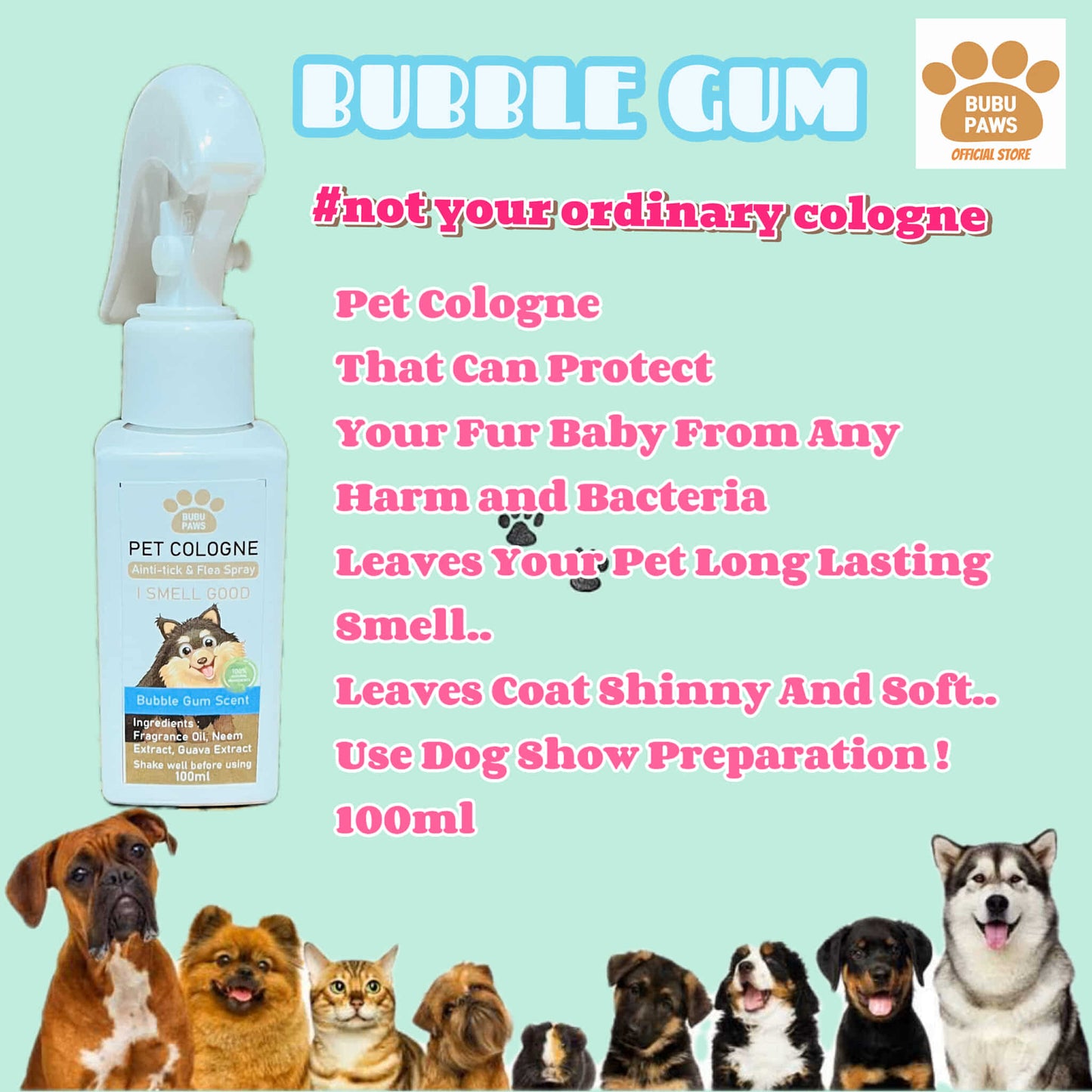 Bubu Paws Pet Cologne 100ml - Anti-Tick & Fleas Protection (Long-Lasting Scent) / Bacteria & Virus